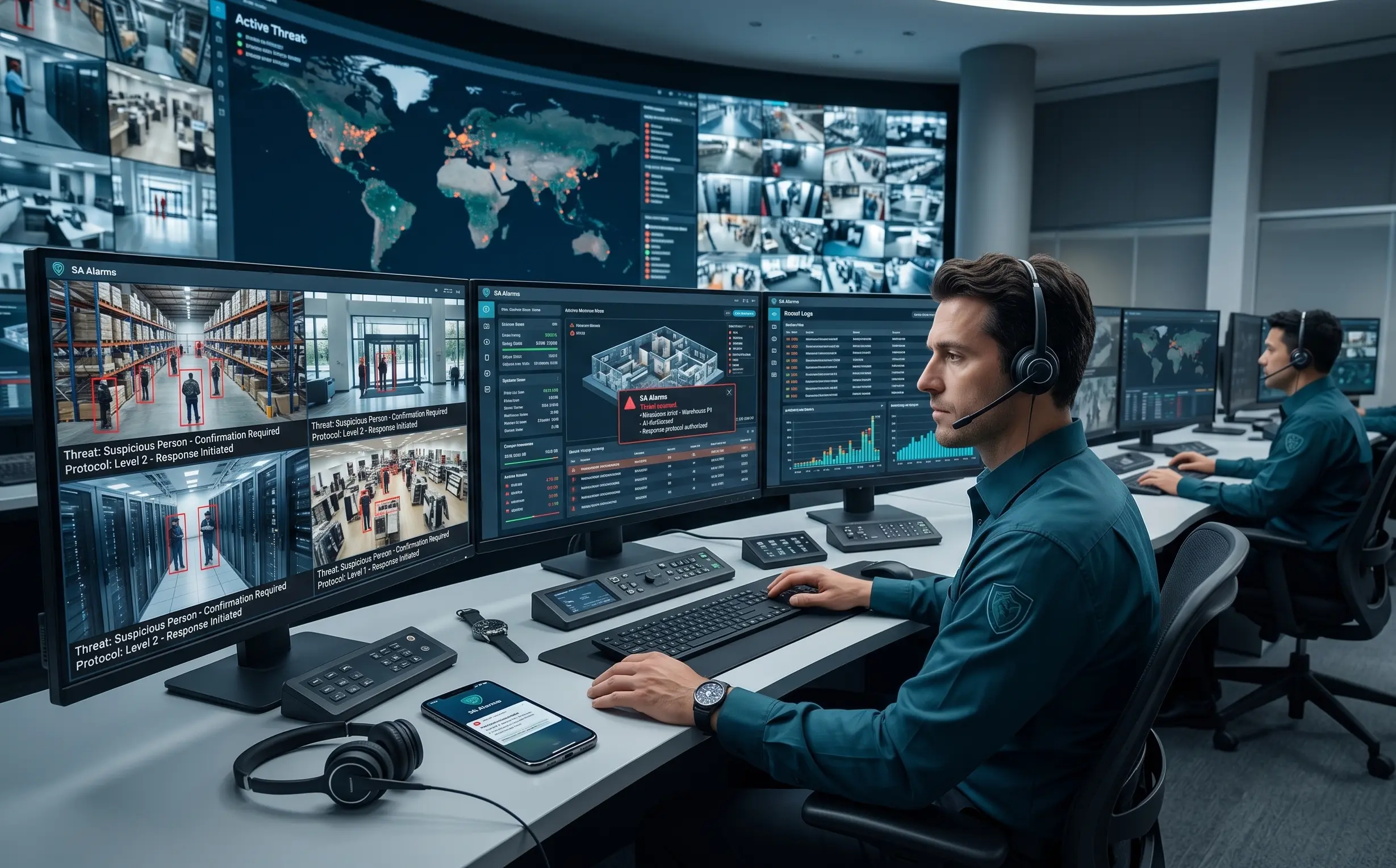 Security monitoring operators reviewing CCTV camera feeds in a control room